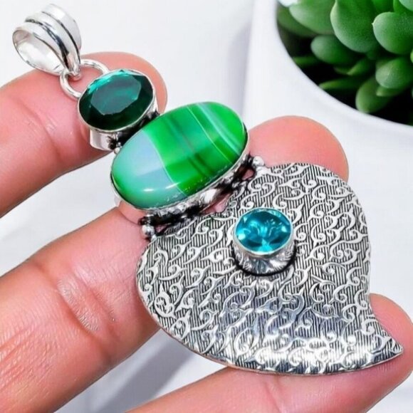 Emerald ✦ Green Lace Agate ✦ Swiss Blue Topaz Heart Pendant 925 Sterling NWT - Picture 3 of 16